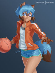 Rule 34 | 1girl, animal ear fluff, animal ears, artist name, ball, basketball (object), black hair, black shirt, blue background, blue hair, blue shorts, bob cut, brand new animal, bright pupils, brown fur, claws, closed mouth, collarbone, commentary, cowboy shot, curled fingers, dark-skinned female, dark skin, dolphin shorts, dribbling (basketball), english commentary, furry, furry female, gradient background, green eyes, green shorts, jacket, kagemori michiru, kikino, layered shirt, light smile, looking afar, midriff peek, multicolored hair, open clothes, open jacket, outstretched arm, patreon username, pink eyes, popped collar, raccoon ears, raccoon girl, raccoon nose, raccoon tail, reaching, reaching towards viewer, red jacket, shirt, short eyebrows, short hair, short shorts, shorts, signature, single vertical stripe, solo, t-shirt, tail, thick eyebrows, track jacket, two-tone eyes, two-tone hair, two-tone shorts, white pupils, white shirt