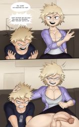 Rule 34 | 1boy, 1girl, absurdres, angry, bakugou katsuki, bakugou mitsuki, blonde hair, boku no hero academia, clothes, clothes grab, couch, detnox, english text, futa with male, futanari, hand on another&#039;s head, highres, huge penis, looking at viewer, mature female, mother and son, on couch, open clothes, open mouth, penis, red eyes, short hair, sitting, speech bubble, testicles