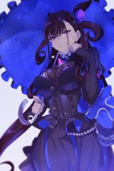 Rule 34 | 1girl, bag, black dress, black gloves, blush, breasts, brown hair, center frills, closed mouth, cone hair bun, crying, crying with eyes open, dress, echo (circa), elbow gloves, fate/grand order, fate (series), fingerless gloves, frilled dress, frills, gloves, hair bun, hair ornament, handbag, holding, holding umbrella, large breasts, long hair, murasaki shikibu (fate), red eyes, simple background, solo, tears, umbrella, wavy mouth, white background