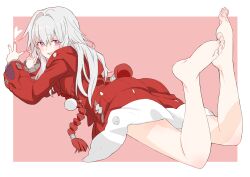 Rule 34 | 1girl, absurdres, ass, bare legs, barefoot, border, clara (honkai: star rail), donguri suzume, eyelashes, feet, feet up, foreshortening, grey hair, hair between eyes, hair intakes, heart, highres, honkai: star rail, honkai (series), hood, hood down, hooded jacket, jacket, legs, long hair, long sleeves, looking back, lying, nail polish, on stomach, open mouth, pink background, pink eyes, pink nails, red jacket, shadow, sidelocks, simple background, soles, solo, the pose, thighs, toenail polish, toenails, toes, w, white border, wide sleeves