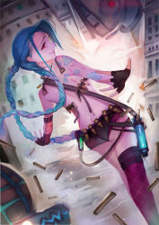 Rule 34 | 1girl, ass, back, bad id, bad pixiv id, blue hair, braid, bullet, butt crack, fingerless gloves, gloves, jinx (league of legends), league of legends, long hair, looking at viewer, looking back, panties, qqwew00123, red eyes, solo, tattoo, thighhighs, topless, twin braids, underwear, undone bra, very long hair