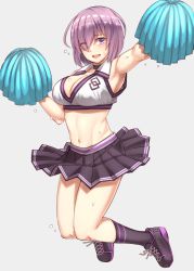 Rule 34 | alternate costume, arm up, armpits, black socks, blush, breasts, cheering, cheerleader, choker, cleavage, fate/grand order, fate (series), gloves, hair over one eye, highres, jumping, kneehighs, large breasts, looking at viewer, mash kyrielight, michihasu, midriff, navel, open mouth, pleated skirt, pom pom (cheerleading), purple eyes, purple gloves, shoes, short hair, simple background, skirt, sneakers, socks, solo, sweat