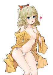 Rule 34 | 1girl, absurdres, and-j (dlwjdqja1212), blonde hair, blue eyes, breasts, cleavage, cowboy shot, hair intakes, hair ornament, hatakaze (kancolle), highres, japanese clothes, kantai collection, kimono, medium breasts, navel, off shoulder, open mouth, panties, ponytail, red ribbon, ribbon, solo, string panties, tongue, underwear, white panties, yellow kimono
