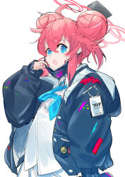 Rule 34 | 1girl, absurdres, badge, blue archive, blue eyes, blue necktie, button badge, collared shirt, double bun, hair bun, halo, highres, jacket, long sleeves, looking at viewer, maki (blue archive), mask, mask pull, mouth mask, nebano2, necktie, open mouth, paint on clothes, red hair, shirt, short hair, simple background, smiley face, solo, surgical mask, sweat, white background, white shirt