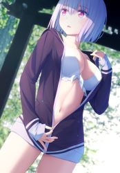 Rule 34 | 10s, 1girl, bikini, bikini top only, bikini under clothes, breasts, commentary request, cowboy shot, day, dutch angle, front-tie bikini top, front-tie top, goribote, gridman universe, hair between eyes, hood, hood down, hooded jacket, jacket, large breasts, long sleeves, navel, open clothes, open jacket, outdoors, parted lips, pink eyes, revision, shade, shinjou akane, short hair, solo, ssss.gridman, swimsuit, torii, undressing, unzipping, white bikini, white hair