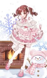 Rule 34 | 19 okeke, 1girl, :d, asymmetrical legwear, bare shoulders, blush, bow, brown eyes, brown hair, dress, fireplace, frilled dress, frills, full body, highres, idolmaster, idolmaster shiny colors, open mouth, pink dress, pink footwear, pink ribbon, ribbon, short twintails, smile, snow, snowflakes, solo, sonoda chiyoko, thighhighs, twintails, white background, white thighhighs