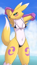 Rule 34 | 1girl, animal ears, aoinu111, armpits, arms behind head, arms up, bikini, black bikini, black sclera, blue background, blue eyes, blue sky, blush, breasts, cloud, colored sclera, covered erect nipples, day, detached sleeves, digimon, digimon (creature), female focus, fox tail, furry, furry female, highres, legs apart, looking at viewer, medium breasts, navel, outdoors, own hands together, renamon, sky, smile, solo, standing, swimsuit, tail, water
