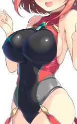 Rule 34 | 1girl, black one-piece swimsuit, breasts, chest jewel, close-up, competition swimsuit, covered collarbone, covered navel, gem, highres, large breasts, one-piece swimsuit, pyra (pro swimmer) (xenoblade), red hair, red one-piece swimsuit, ribbed swimsuit, solo, strapless, strapless one-piece swimsuit, striped clothes, striped one-piece swimsuit, swimsuit, two-tone swimsuit, vertical-striped clothes, vertical-striped one-piece swimsuit, watsuki ayamo, xenoblade chronicles (series), xenoblade chronicles 2