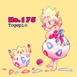 Rule 34 | 1girl, arm up, arms up, bad id, bad pixiv id, bare shoulders, barefoot, blonde hair, blue eyes, blush, blush stickers, bow, character name, child, choker, crayon, creatures (company), crown, dress, english text, eye contact, female focus, flat chest, full body, game freak, gen 2 pokemon, hand on own chin, hand on own face, hand up, happy, holding, holding crayon, looking at another, looking down, looking up, narumame, nintendo, open mouth, personification, poke ball, poke ball (basic), poke ball theme, pokedex number, pokemon, pokemon (creature), simple background, smile, standing, strapless, strapless dress, text focus, togepi, waist bow, yellow background, yellow eyes