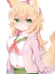 Rule 34 | 1girl, animal ear fluff, animal ears, blush, breasts, closed mouth, commentary request, fox ears, fox girl, fox tail, green eyes, green sailor collar, green skirt, hair between eyes, highres, large breasts, light brown hair, long hair, long sleeves, midriff peek, mofuaki, navel, neckerchief, original, pleated skirt, red neckerchief, sailor collar, school uniform, serafuku, shirt, simple background, skirt, sleeves past wrists, smile, solo, tail, tail raised, very long hair, white background, white shirt