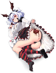 Rule 34 | 1girl, :3, alvis (last origin), ass, black panties, black thighhighs, breasts, chocolate, dress, fang, full body, gothic lolita, hair between eyes, head wings, highres, huge breasts, kiwoseo meogneundas, large breasts, last origin, lolita fashion, looking at viewer, lying, on side, oppai loli, panties, red eyes, red thighhighs, shoes, short hair, simple background, single shoe, solo, striped clothes, striped thighhighs, thighhighs, two side up, underwear, white background, white hair, wings