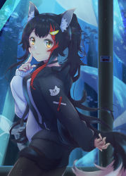 Rule 34 | 1girl, animal ear fluff, animal ears, aquarium, black hair, blush, closed mouth, finger to mouth, fish, hair ornament, hairclip, highres, hololive, hololive gamers, long hair, looking at viewer, mihaeru, multicolored hair, ookami mio, ookami mio (casual), print shirt, red hair, shirt, smile, solo, streaked hair, tail, virtual youtuber, wolf ears, wolf girl, wolf tail, yellow eyes