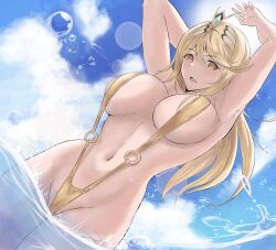 Rule 34 | 1girl, absurdres, armpits, arms up, blonde hair, blue sky, breasts, calmgreentori, circlet, cloud, cloudy sky, commentary, english commentary, highres, large breasts, long hair, looking at viewer, mythra (xenoblade), navel, o-ring, o-ring swimsuit, open mouth, outdoors, sky, slingshot swimsuit, solo, stomach, swept bangs, swimsuit, water, xenoblade chronicles (series), xenoblade chronicles 2, yellow eyes, yellow slingshot swimsuit