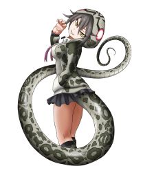 Rule 34 | 1girl, absurdres, adansosutega, hands in pockets, highres, hood, hoodie, kemono friends, looking at viewer, okinawa habu (kemono friends), short hair, sidelocks, skirt, slit pupils, smile, snake print, snake tail, solo, striped clothes, striped hoodie, striped tail, tail, tsurime