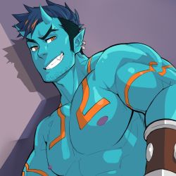 Rule 34 | 1boy, abs, profile picture, bara, blue oni, blue skin, bracelet, colored skin, earrings, facial hair, forked eyebrows, horns, jasdavi, jewelry, large pectorals, male focus, multicolored hair, muscular, nipples, oni, oni horns, orange eyes, orange hair, original, oskar (jasdavi), pectorals, pointy ears, topless male, short hair, sideburns, solo, streaked hair, stubble, upper body