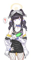 Rule 34 | 1girl, ?, animal ears, belt collar, black hair, black overalls, bright pupils, closed mouth, collar, copyright request, dog tags, fishnet legwear, fishnets, gishu, goggles, goggles on headwear, hair bobbles, hair ornament, halo, hand on own hip, holding, jacket, off shoulder, open clothes, open jacket, overalls, purple eyes, sleeves past wrists, solo, spoken question mark, tagme, twintails, white background, white jacket, white pupils
