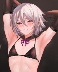Rule 34 | 1boy, androgynous, armpits, arms behind head, arms up, bare shoulders, bikini, black bikini, black gloves, blue eyes, blush, collarbone, covered erect nipples, crossdressing, detached collar, elbow gloves, fate/grand order, fate (series), gloves, hair between eyes, looking at viewer, male focus, prince of lan ling (fate), purple eyes, short hair, silver hair, smile, solo, string bikini, sweat, swimsuit, trap, ulrich (tagaragakuin), upper body