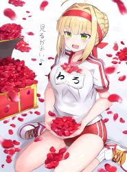 Rule 34 | 1girl, ahoge, bad id, bad pixiv id, blonde hair, blush, buruma, fate/grand order, fate (series), green eyes, gym uniform, headband, highres, looking away, musical note, nero claudius (fate), nero claudius (fate) (all), nero claudius (fate/extra), nero claudius (olympian bloomers) (fate), nonon (xenonbot), official alternate costume, open mouth, petals, red buruma, red headband, shoes, short hair, short sleeves, sitting, smile, solo, translated, wariza