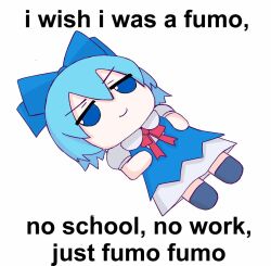 Rule 34 | blue dress, blue eyes, blue hair, character doll, cirno, closed mouth, commentary, doll, dress, english commentary, english text, fumo (doll), jitome, no humans, omikami, puffy short sleeves, puffy sleeves, short hair, short sleeves, simple background, smile, touhou, v-shaped eyebrows, white background