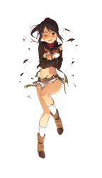 Rule 34 | 1girl, belt, black hair, blush, breasts, covering privates, covering breasts, formation girls, highres, kinta (distortion), looking at viewer, medium breasts, official art, ponytail, sasai sara, school uniform, simple background, skirt, solo, torn clothes, white background, wince
