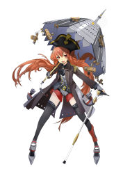Rule 34 | 1girl, absurdres, aircraft, airplane, argus (warship girls r), argus (zhanjianshaonv), biplane, feirla, highres, official art, red eyes, red hair, simple background, solo, thighhighs, umbrella, warship girls r, weapon