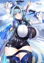 Rule 34 | 1girl, alternate breast size, artist name, blue hair, blue necktie, blush, boots, breasts, commentary, covered navel, eula (genshin impact), genshin impact, gloves, hair ornament, hairband, highres, holding, large breasts, leotard, necktie, pixiv username, short hair, smile, snowflakes, solo, sword, thick thighs, thigh boots, thigh gap, thighhighs, thighs, tnolize, weapon, wide hips, yellow eyes