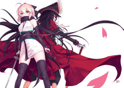 Rule 34 | 2girls, ahoge, arm warmers, back-to-back, bare shoulders, beancurd, black hair, black hat, black jacket, black legwear, black pants, black ribbon, black scarf, blonde hair, brown eyes, cape, cherry blossoms, closed mouth, collarbone, dated, expressionless, fate/grand order, fate (series), floating hair, gloves, hair between eyes, hair ribbon, hat, highres, holding, holding sword, holding weapon, jacket, japanese clothes, katana, kimono, kimono skirt, koha-ace, long hair, long sleeves, looking at viewer, looking back, military, military hat, military uniform, multiple girls, obi, oda nobunaga (fate), oda nobunaga (koha-ace), okita souji (fate), okita souji (koha-ace), pants, peaked cap, petals, red cape, red eyes, ribbon, sash, scabbard, scarf, scarf over mouth, sheath, shiny clothes, short hair, signature, simple background, sleeveless, sleeveless kimono, standing, sword, thighhighs, uniform, unsheathed, very long hair, weapon, white background, white gloves, white kimono, wind, zettai ryouiki