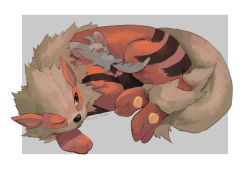 Rule 34 | 2others, arcanine, border, brown eyes, closed mouth, commentary request, creatures (company), closed eyes, game freak, gen 1 pokemon, gen 5 pokemon, kikuyoshi (tracco), lying, minccino, multiple others, nintendo, no humans, on back, one eye closed, pokemon, pokemon (creature), signature, toes, uncensored, white border