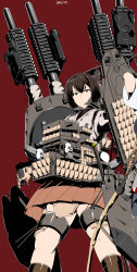Rule 34 | 1girl, brown eyes, brown hair, brown hakama, commentary request, feet out of frame, gun, hakama, hakama skirt, highres, hyuuga (kancolle), japanese clothes, kantai collection, looking at viewer, machinery, microphone, red background, saizu nitou gunsou, short hair, skirt, solo, tactical clothes, translation request, undershirt, weapon