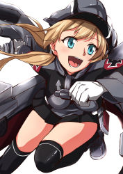 Rule 34 | 10s, 1girl, anchor symbol, aqua eyes, bad id, bad pixiv id, black skirt, black thighhighs, blonde hair, clenched hand, cross, gloves, hat, highres, iron cross, kakiha makoto, kantai collection, leg up, long sleeves, machinery, military, military hat, military uniform, miniskirt, peaked cap, pleated skirt, prinz eugen (kancolle), running, skirt, solo, thighhighs, twintails, uniform, white background, white gloves