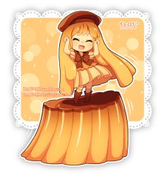 Rule 34 | 1girl, :d, ^ ^, arms up, artist name, beret, boots, bow, brown bow, brown footwear, brown hat, brown shirt, brown skirt, caramelldansen, chibi, closed eyes, commentary, creme caramel, dav-19, facing viewer, food, full body, hat, lace background, light brown hair, long hair, open mouth, original, personification, pleated skirt, pudding, puffy short sleeves, puffy sleeves, shirt, short sleeves, skirt, smile, solo, transparent background, very long hair, watermark, web address
