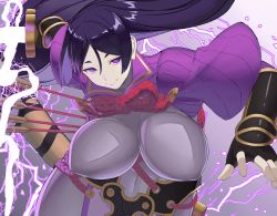 Rule 34 | 1girl, arrow (projectile), bodysuit, breasts, covered erect nipples, covered navel, fate/grand order, fate (series), fingerless gloves, gloves, hair between eyes, highres, huge breasts, impossible clothes, leaning forward, lightning, loincloth, long hair, looking at viewer, low-tied long hair, minamoto no raikou (fate), parted bangs, purple bodysuit, purple eyes, purple hair, reibun (raven1119), ribbed sleeves, rope, smile, solo, thighs, very long hair
