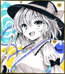 Rule 34 | 1girl, :d, black hat, blood, bloody knife, bow, breasts, buttons, commentary request, diamond button, eyeball, frilled shirt collar, frilled sleeves, frills, hajike akira, hat, hat bow, highres, holding, holding knife, knife, koishi day, komeiji koishi, limited palette, open mouth, short hair, small breasts, smile, solo, sun hat, third eye, touhou, traditional media, upper body, wide sleeves