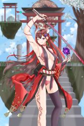 Rule 34 | 1girl, absurdres, arm up, armpits, bare shoulders, blindfold, blue eyes, blush, breast tattoo, breasts, highres, horns, japanese clothes, katana, kimono, large breasts, lewd chan, long hair, looking at viewer, nail polish, original, red hair, red kimono, resolution mismatch, rope, shimenawa, smile, source smaller, sword, tattoo, thighhighs, torii, very long hair, weapon