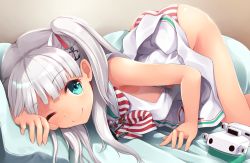 Rule 34 | 1girl, anchor hair ornament, ass, bed sheet, blush, dress, green eyes, hair ornament, hair ribbon, kantai collection, long hair, looking at viewer, maestrale (kancolle), mofu namako, one eye closed, one side up, open mouth, panties, pillow, ribbon, sailor collar, sailor dress, sidelocks, silver hair, sleeveless, sleeveless dress, smile, solo, striped clothes, striped neckwear, striped panties, tan, thighs, top-down bottom-up, underwear, white dress