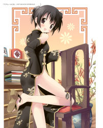 Rule 34 | 1girl, absurdres, bare shoulders, black hair, blush, chair, china dress, chinese clothes, detached sleeves, double bun, dress, highres, kantoku, looking back, original, smile, solo