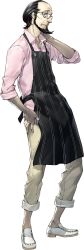 Rule 34 | 1boy, apron, beard, black eyes, black hair, blouse, collared shirt, facial hair, full body, glasses, hair slicked back, hand on own hip, highres, male focus, official art, persona, persona 5, pink shirt, sakura soujirou, shirt, sideburns, sleeves rolled up, soejima shigenori, solo, standing, striped apron, striped clothes, transparent background, vertical-striped apron, vertical-striped clothes, whiskers