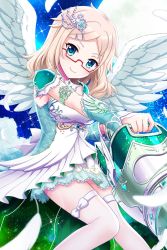 Rule 34 | 1girl, alternative girls, angel wings, blonde hair, blue eyes, closed mouth, dress, feathers, full moon, glasses, hair ornament, highres, holding, holding weapon, long hair, looking at viewer, moon, nakata natalie, night, night sky, official art, sky, smile, solo, weapon, white dress, white feathers, white legwear, wings