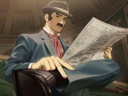 Rule 34 | 1boy, ace attorney, blue coat, blurry, blurry background, brown eyes, brown footwear, brown hair, closed mouth, coat, collared shirt, crossed legs, facial hair, fedora, foot out of frame, grey hat, hat, highres, holding, holding newspaper, kune akiro, male focus, mature male, mustache, necktie, newspaper, red necktie, shirt, shoes, sitting, solo, the great ace attorney, thick eyebrows, white shirt, yujin mikotoba