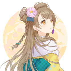 Rule 34 | 1girl, blush, bow, braid, brown eyes, brown hair, checkered bow, checkered clothes, flower, fur-trimmed kimono, fur trim, hair flower, hair ornament, japanese clothes, kimono, long hair, looking away, looking to the side, love live!, love live! school idol festival, love live! school idol project, minami kotori, one side up, parted lips, pink flower, rio.lw, single braid, solo, unmoving pattern, upper body, very long hair, yellow kimono