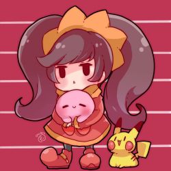 Rule 34 | 1girl, = =, ashley (warioware), black hair, chibi, commentary request, creatures (company), crossover, dated commentary, dress, game freak, gen 1 pokemon, holding, kirby, kirby (series), long hair, long twintails, looking at another, looking up, meiwari, multiple crossover, nintendo, open mouth, pikachu, pokemon, pokemon (creature), sleeves past wrists, smile, standing, striped, striped background, triangle mouth, twintails, very long hair, warioware, | |
