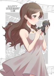 1girl absurdres bare_arms brown_eyes brown_hair closed_mouth collarbone dress grey_dress happy_birthday highres holding holding_stuffed_toy idolmaster idolmaster_million_live! jewelry kitazawa_shiho long_hair necklace ngetyan outline profile sleeveless sleeveless_dress smile solo standing straight_hair stuffed_animal stuffed_cat stuffed_toy sundress white_outline