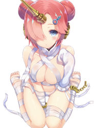 Rule 34 | 1girl, bad id, bad pixiv id, blue eyes, blush, breasts, chain, double bun, fate/apocrypha, fate/grand order, fate (series), frankenstein&#039;s monster (fate), frankenstein&#039;s monster (swimsuit saber) (fate), frankenstein&#039;s monster (swimsuit saber) (third ascension) (fate), hair bun, hair ornament, hair over one eye, horns, looking at viewer, medium breasts, pink hair, short hair, simple background, single horn, sitting, solo, wariza, white background, yuzu-aki