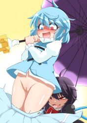 Rule 34 | 2girls, :3, ahoge, assisted exposure, black dress, black hair, blue eyes, blue hair, blue skirt, blue vest, blue wings, blush, bow, bowtie, breasts, bright pupils, censored, cleft of venus, commentary request, dress, fang, feet out of frame, geta, hayashitsu, heterochromia, highres, holding, holding umbrella, houjuu nue, juliet sleeves, long sleeves, medium breasts, mosaic censoring, multiple girls, no panties, nose blush, open mouth, pantsing, presenting another, puffy sleeves, purple umbrella, pussy, red bow, red bowtie, red eyes, shiny skin, shirt, short hair, skirt, surprised, tatara kogasa, tongue, tongue out, touhou, umbrella, v-shaped eyebrows, vest, white pupils, white shirt, wings