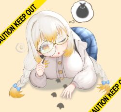 Rule 34 | 1girl, ;o, blonde hair, blue bow, blue skirt, bow, breasts, buttons, caution tape, colored tips, eyelashes, footprints, grey hair, hair bow, highres, holding, holding magnifying glass, kanna yanagi, large breasts, long braid, magnifying glass, multicolored hair, novice-san, one eye closed, pixellink, plaid, plaid skirt, shadow, shirt, short eyebrows, skirt, solo, thought bubble, virtual youtuber, white shirt, yellow eyes