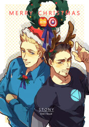 Rule 34 | 2boys, animification, antlers, arc reactor, avengers (series), bell, black shirt, blonde hair, blue eyes, blue shirt, blush, border, brown eyes, brown hair, christmas wreath, closed mouth, collared shirt, commentary, crossed arms, deer antlers, english commentary, facial hair, fake antlers, fingernails, fur-trimmed headwear, fur trim, hand up, hat, horns, iron man, long sleeves, looking at viewer, male focus, marvel, merry christmas, minihardee, multiple boys, neck ribbon, outside border, polka dot, polka dot background, pom pom (clothes), purple ribbon, red headwear, ribbon, santa hat, shadow, shield, shirt, short hair, smile, standing, star (symbol), steve rogers, t-shirt, tony stark, white background, white border, wreath