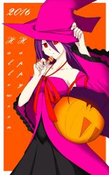 Rule 34 | 1girl, arc system works, artist request, bare shoulders, blazblue, blazblue: central fiction, breasts, candy, detached sleeves, dress, food, hades izanami, halloween, halloween costume, hat, highres, jack-o&#039;-lantern, lollipop, long hair, looking at viewer, mikado (blazblue), purple hair, red eyes, solo, very long hair, witch hat