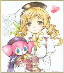 Rule 34 | 10s, 1girl, ayanero taicho, beret, berey, blonde hair, charlotte (madoka magica), cheese, drill hair, fingerless gloves, food, gloves, hair ornament, hat, heart, mahou shoujo madoka magica, mahou shoujo madoka magica (anime), shikishi, smile, tomoe mami, tomoe mami (magical girl), traditional media, twin drills, twintails, yellow eyes