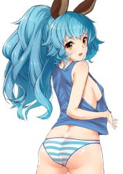 Rule 34 | 10s, 1girl, animal ears, ass, bad id, bad twitter id, blue hair, blush, bokokichi (you), breasts, cowboy shot, erune, ferry (granblue fantasy), from behind, granblue fantasy, long hair, looking back, no bra, no pants, panties, ponytail, shirt, sideboob, simple background, sleeveless, sleeveless shirt, solo, striped clothes, striped panties, underwear, white background, yellow eyes