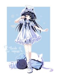 Rule 34 | 1girl, absurdres, animal-shaped pillow, animal ear headwear, animal ears, animal slippers, black hair, bloomers, blue background, border, cat ears, clothing cutout, commission, drawn wings, dress, fake animal ears, frilled dress, frilled pillow, frills, full body, hajang68, halo, hand up, hat, heart cutout, highres, long hair, looking at viewer, loose socks, mob cap, one eye closed, original, outside border, parted lips, pillow, puffy short sleeves, puffy sleeves, short dress, short sleeves, sleepy, slippers, socks, solo, squeans, standing, straight hair, twitter username, underwear, watermark, white bloomers, white border, white dress, white footwear, white hat, white socks